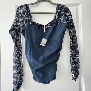 Free People Long Sleeve Floral Mesh Corset Top – Navy Blue